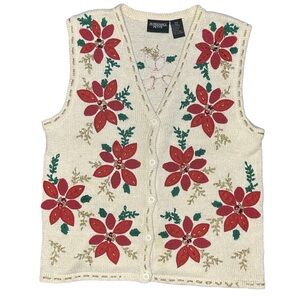 VTG 90s poinsettia Christmas sweater vest beading sequins Grannycore festive MP